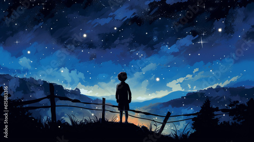 child looks at the night sky