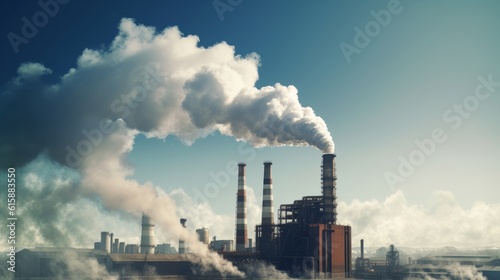 Industrial factory pollution smokestack exhaust gases. Generative AI. © ProVector