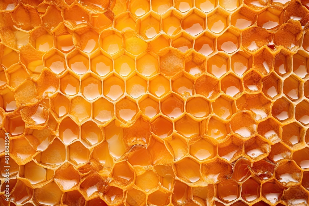 Golden Honeycomb Closeup: Concept for Solitary Nature Photography, Rich Healthy Foods, and Complex Geometric Repetitions.Generative AI