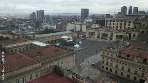aerial Bogota Colombia downtown historical center drone fly above plaza Bolivar 