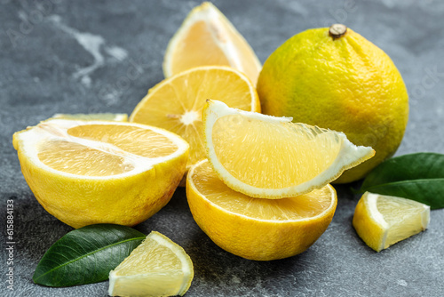 Fresh ripe bergamot orange fruits, fragrant citrus used in earl grey tea, medicine and spa treatments, close up photo