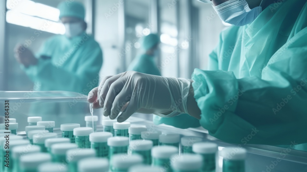 Hand with sanitary gloves check Medical vials on product. Generative AI. Hand with sanitary gloves check Medical vials on product. Generative AI.