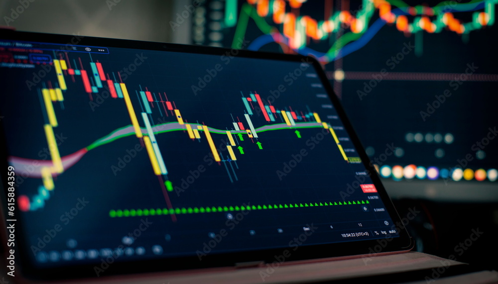 Technical price graph and indicator, red and green candlestick chart on blue theme screen, market volatility, up and down trend. Technical price graph and indicator, red and green candlestick chart on blue theme screen, market volatility, up and down trend.