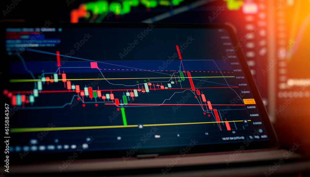 Technical price graph and indicator, red and green candlestick chart on blue theme screen, market volatility, up and down trend.