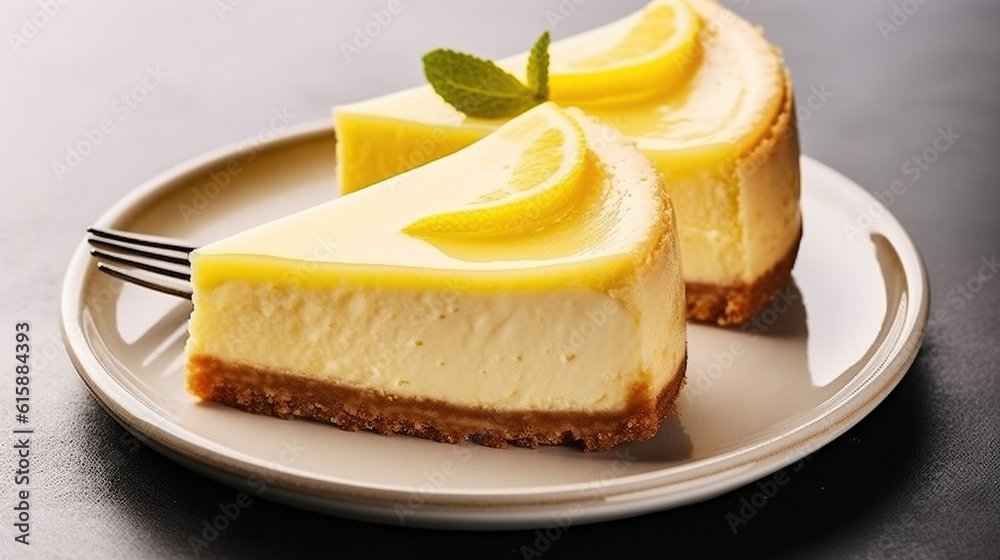 Two slices of lemon cheesecake on a plate. Generative AI Two slices of lemon cheesecake on a plate. Generative AI