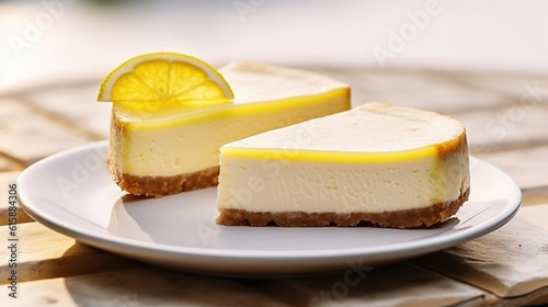 Two slices of lemon cheesecake on a plate. Generative AI photo