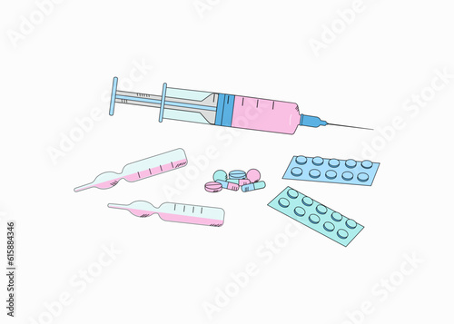Set of icons Medical materials, vaccine, medicine and instruments. Syringe pills and ampoules. Vector illustration on white isolated background in doodle style.