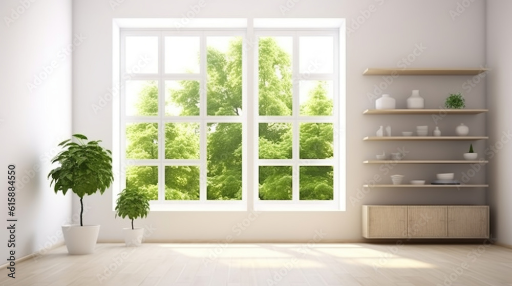 White room with shelf and green landscape in window. Scandinavian interior design. Generative AI White room with shelf and green landscape in window. Scandinavian interior design. Generative AI