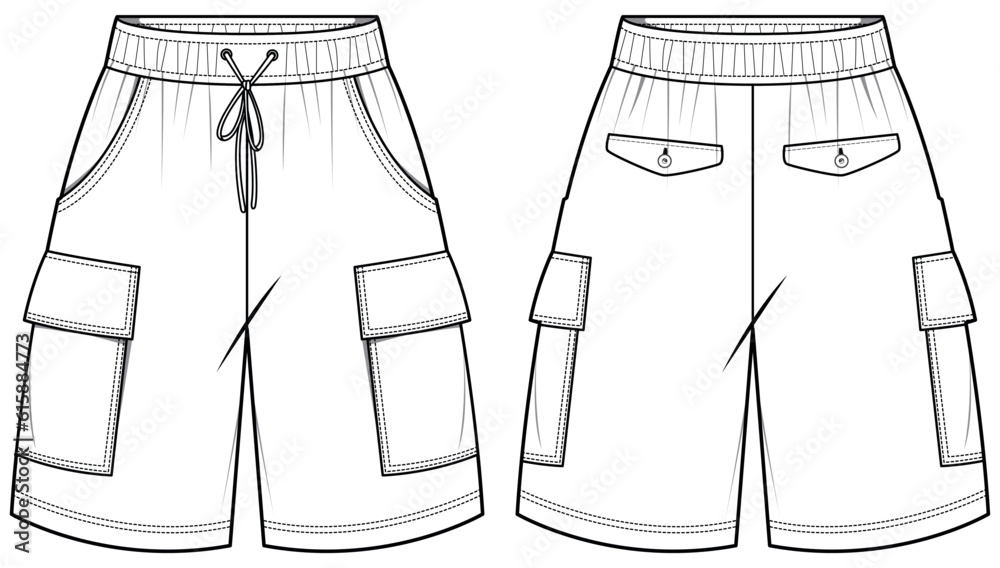 Vetor de Men's Jersey shorts front and back view flat sketch fashion