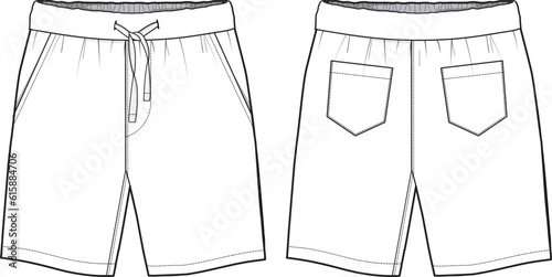 Men's shorts front and back view flat sketch fashion illustration, Boxer short illustration