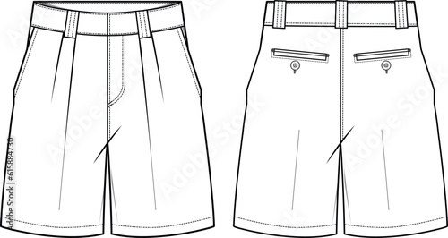 Men's formal Sartorial chino shorts front and back view flat sketch fashion illustration