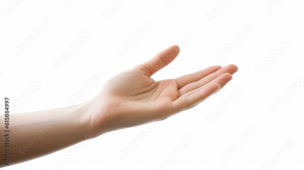 Empty open female hand isolated on white background. Generative AI. Empty open female hand isolated on white background. Generative AI.