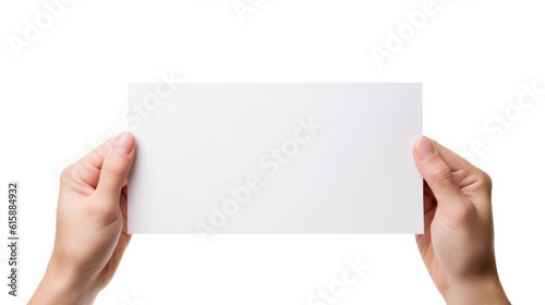 Hands holding blank paper isolated on white background. Generative AI.