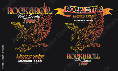 Rock and roll retro t shirt design. Eagle rocking tour artwork. Music band poster graphic.	