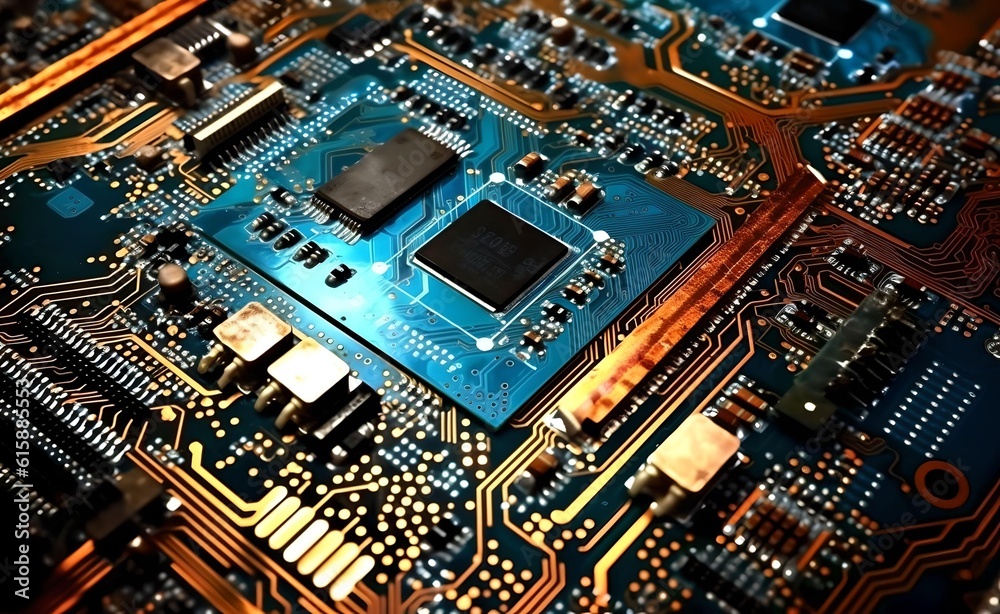Realistic Circuit Board Sharp Details. Cyberspace Design. AI Machine Learning. Artificial intelligence. Generative AI.