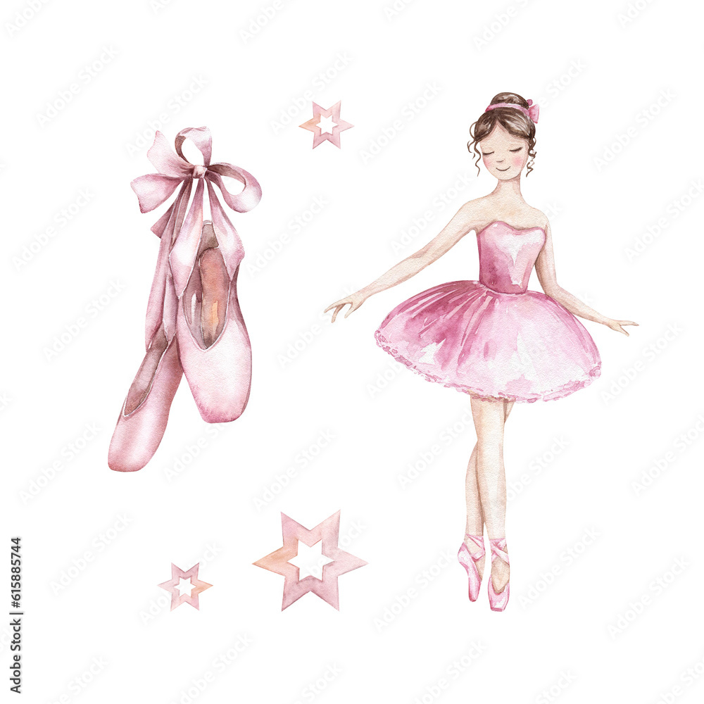 Watercolor set of illustrations with a cute ballerina, ballet flats ...