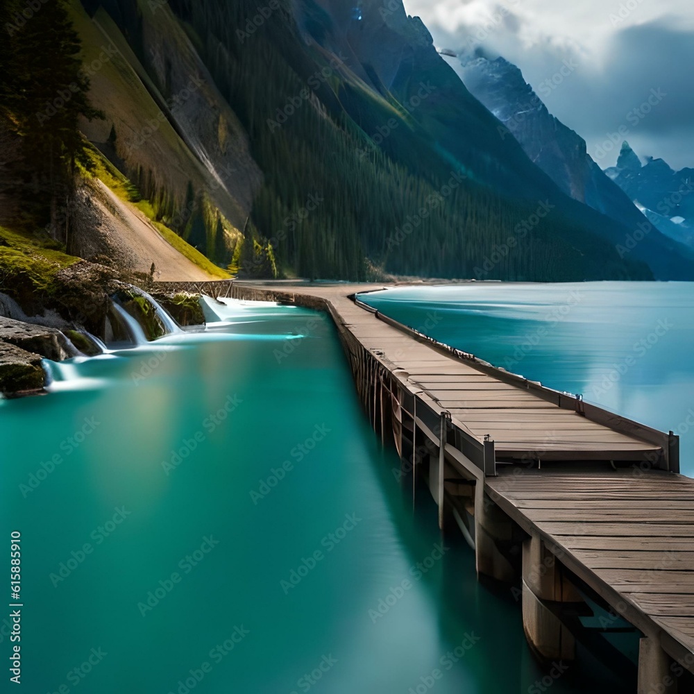 lake in the mountains with wooden bridge