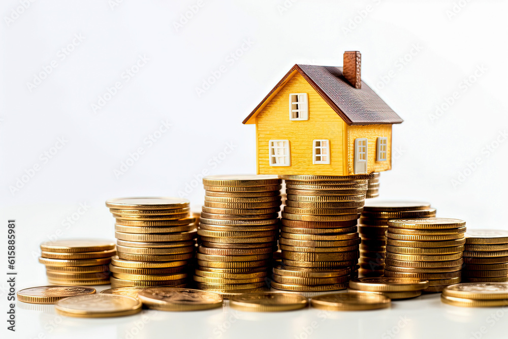Miniature house on stack of coins on white background. Mortgage, investment, real estate, property and new home concept. Generative AI Miniature house on stack of coins on white background. Mortgage, investment, real estate, property and new home concept. Generative AI