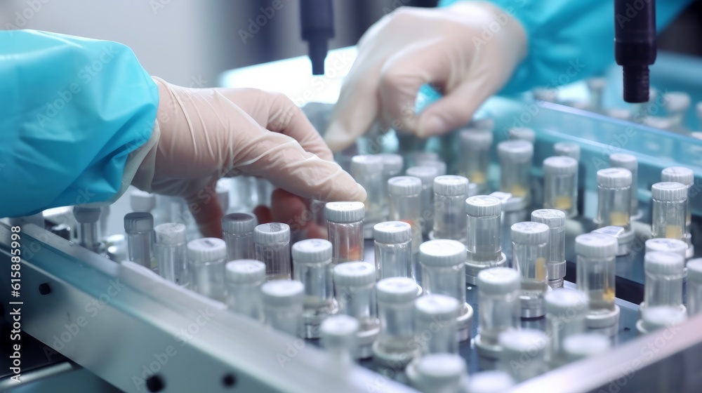 Hand with sanitary gloves check Medical vials on product. Generative AI. Hand with sanitary gloves check Medical vials on product. Generative AI.