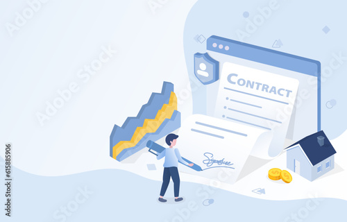 Electronic document signature on electronic devices to access on screen contract documents. Reading and signing the terms, conditions, and policy list regarding renting a home. Vector illustration.