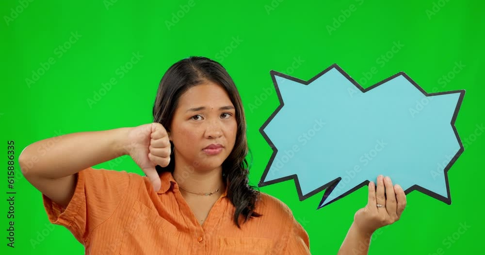Thumbs down, speech bubble and rejection with an asian woman on a green ...