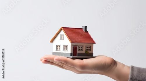Hand holding a model house isolated on white background. Generative AI.