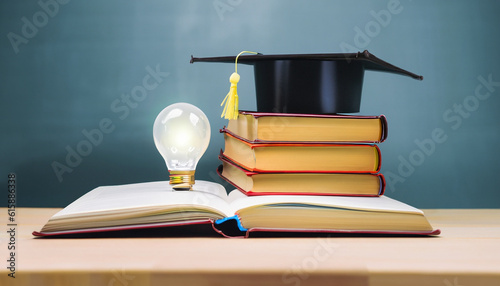 books with graduation hat on light bulb education learning on school