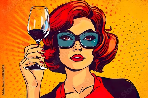 Glamorous Woman Enjoying a Glass of Wine at a Vibrant Party - Pop Art Retro Comics Style. poster for advertising. person with wine