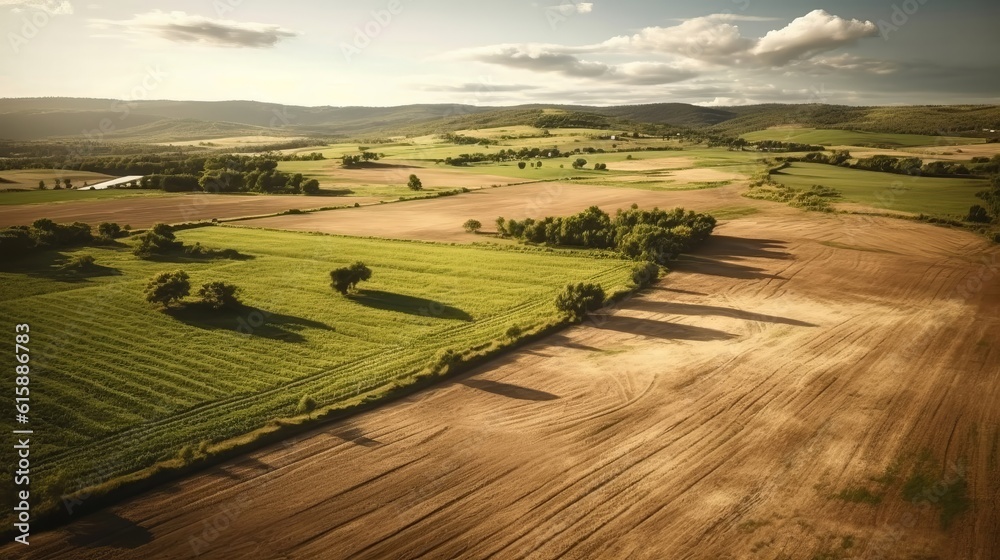 Aerial view of acres of farmland. Generative AI.