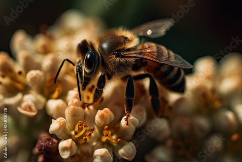 a bee sitting on top of a bunch of flowers with its eyes closed, looking at the camera and to the right photo