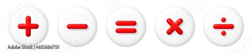 Math 3D icons set. Multicolor arithmetic plus, minus, equals, multiply and divide signs on white buttons. vector illustration.
