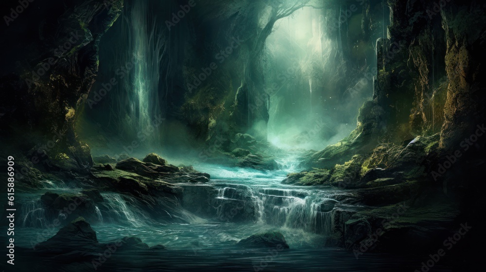 A mesmerizing river cascades in a reverse direction, shimmering and flashing, as it flows from the floor to the ceiling. The surroundings are imbued with an otherworldly.  Created with Generative AI.