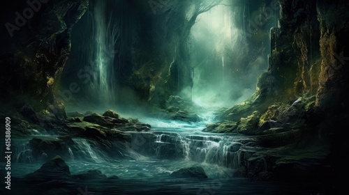 A mesmerizing river cascades in a reverse direction, shimmering and flashing, as it flows from the floor to the ceiling. The surroundings are imbued with an otherworldly. Created with Generative AI.