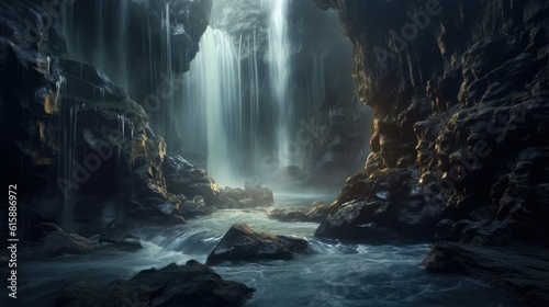 A mesmerizing river cascades in a reverse direction, shimmering and flashing, as it flows from the floor to the ceiling. The surroundings are imbued with an otherworldly.  Created with Generative AI. © DreamPointArt