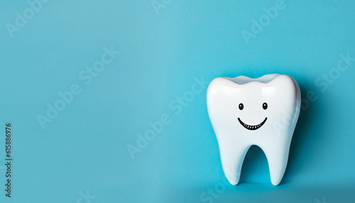 happy tooth on light blue background