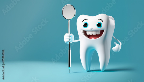 happy white tooth mascot with dental inspection mirror with copy space
