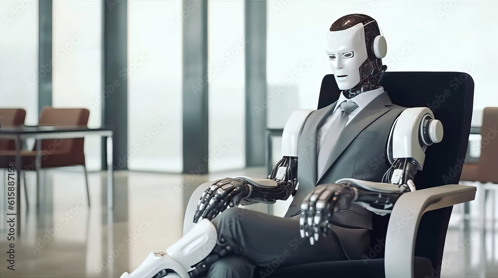 AI robot waiting on chair for a job interview. Generative AI. AI robot waiting on chair for a job interview. Generative AI.
