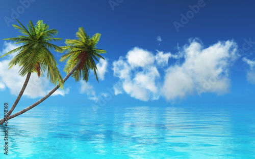 Fototapeta Naklejka Na Ścianę i Meble -  3D render of a tropical landscape with palm trees and blue sea