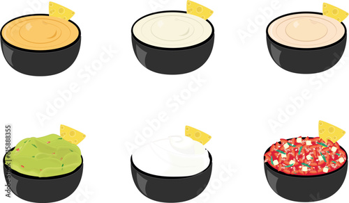 The mexican dips sauce with bowl-Nacho Chesse,Creamy Jalapeno,Creamy Ranch,Guacamole,Sour Cream, Pico de Gallo (Salsa)
