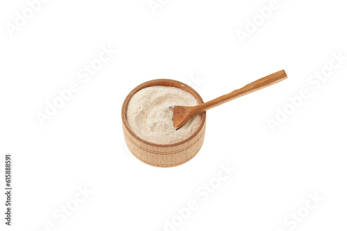 Food additive E415. Texture improver. Xanthan Gum Powder in bowl on white background. Stabiliser and Thickener. Used in cosmetic, and food industry as binding agent. Extracellular polysaccharide