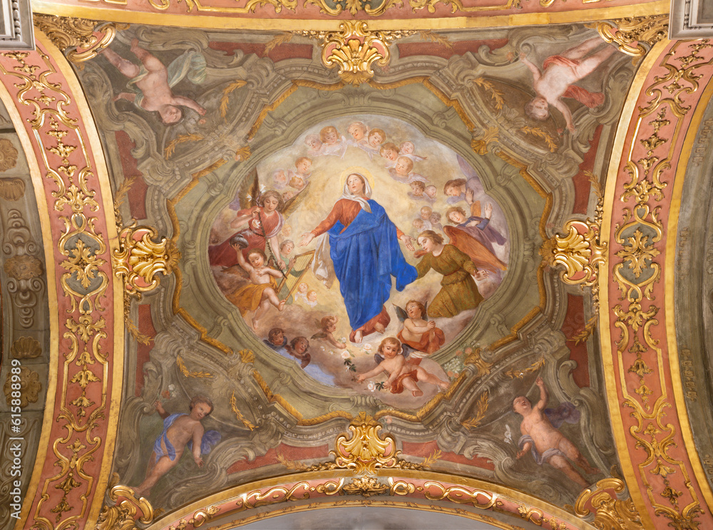 GENOVA, ITALY - MARCH 5, 2023: The fresco of Assumption in the church Chiesa di Santa Maria Maddalena by Domenico Parodi (1712).