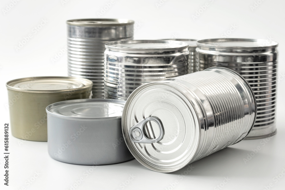 Full View of Stacked Silver Cans: Concept for Old-fashioned Food Storage, Emergency Meal Preparation, and Recycling Aluminium Packaging Full View of Stacked Silver Cans: Concept for Old-fashioned Food Storage, Emergency Meal Preparation, and Recycling Aluminium Packaging