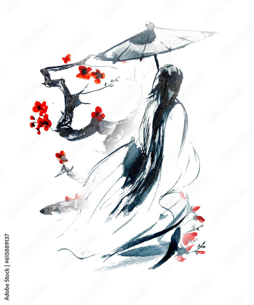 Watercolor asian girl and landscape illustration. East concept design.  Beautiful asian woman.