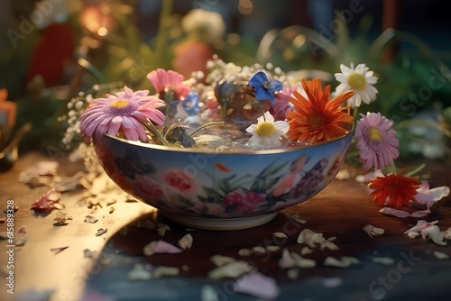 A bowl filled with flowers and flowers, in the style of fluid photography