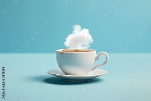 A coffee cup with a cloud floating above it, in the style of light cyan
