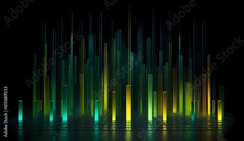 An abstract dark background with green, yellow and blue, in the style of thin steel forms