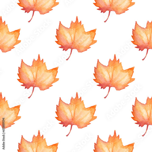Floral watercolor seamless pattern with orange autumn maple leaves on a white background