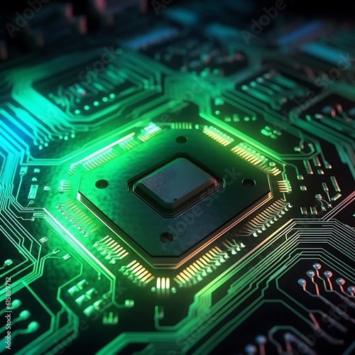 Circuit board with processor, close-up ai generated