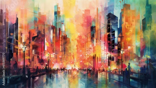 Watercolor of vibrant city streets pulsate with energy  a tapestry of colors and sounds that ignite the senses. Generative AI