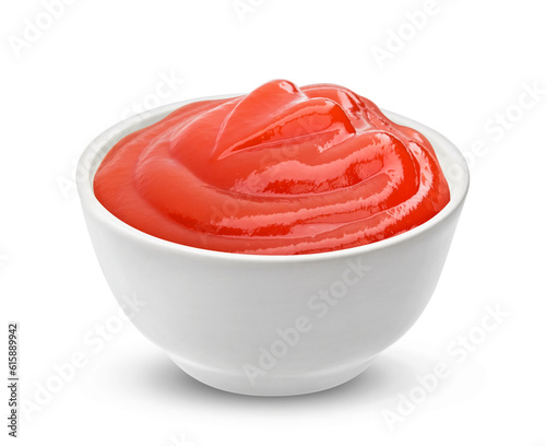 Ketchup in bowl isolated on white background. Portion of red tomato sauce. With clipping path.